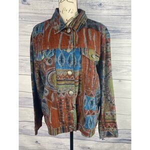 Chicos 1 Denim Jean Jacket Womens M Collar Long Slv Cotton Western Aztec Tribal